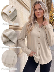 Waffle Knit Shacket Button Down Long Sleeve with Pocket