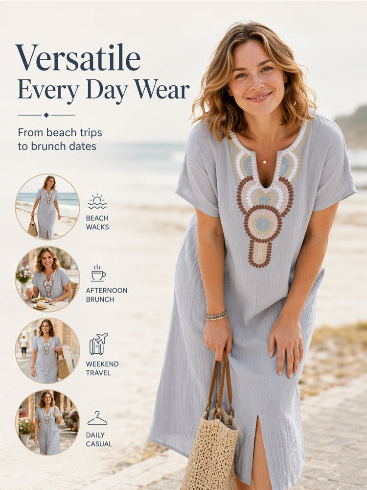 Boho Embroidered Cotton Linen Split Maxi Dress