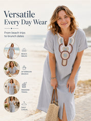 Boho Embroidered Cotton Linen Split Maxi Dress