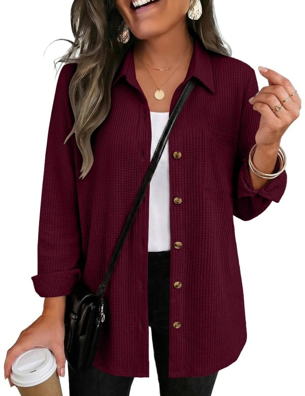 Waffle Knit Shacket Button Down Long Sleeve with Pocket