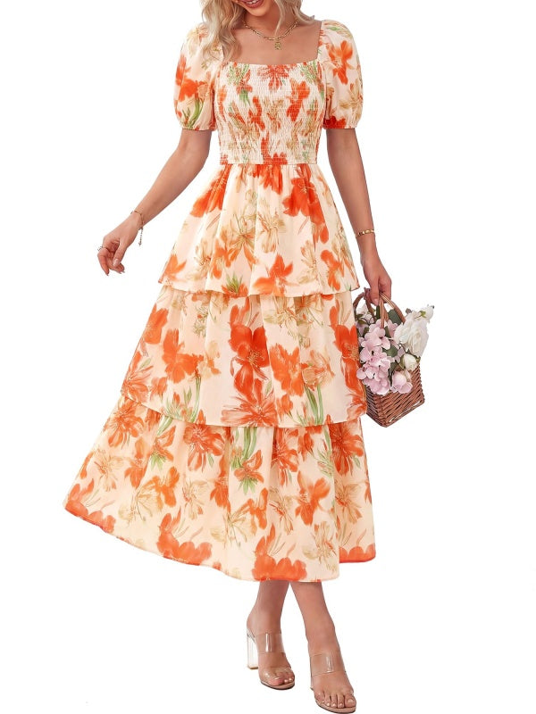 Floral Square-Neck Smocked Tiered Dress