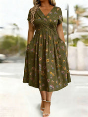 Women's V-Neck Floral Print Dress with Twist Waist