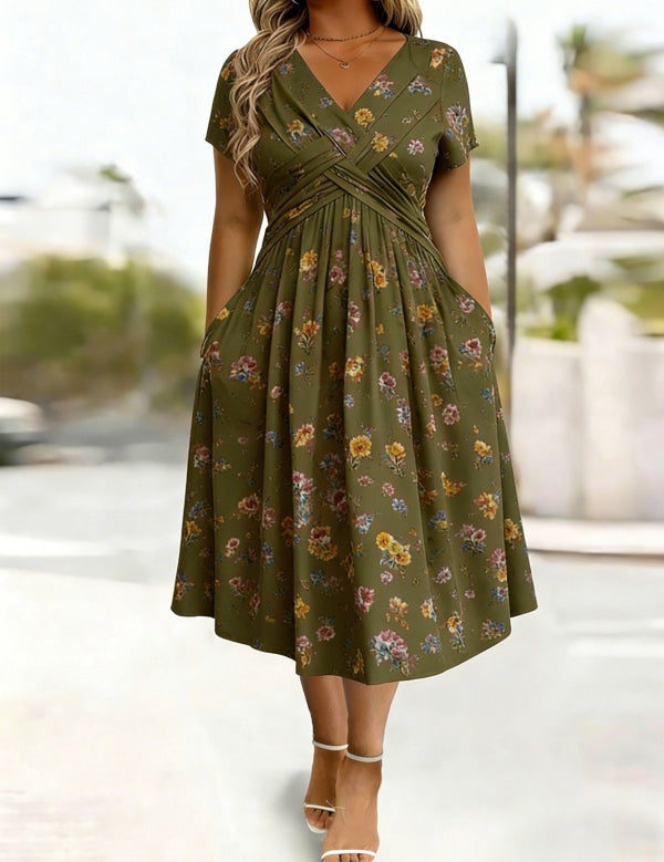 Women's V-Neck Floral Print Dress with Twist Waist