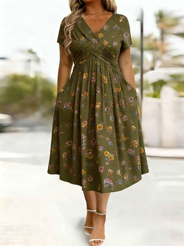 Women's V-Neck Floral Print Dress with Twist Waist