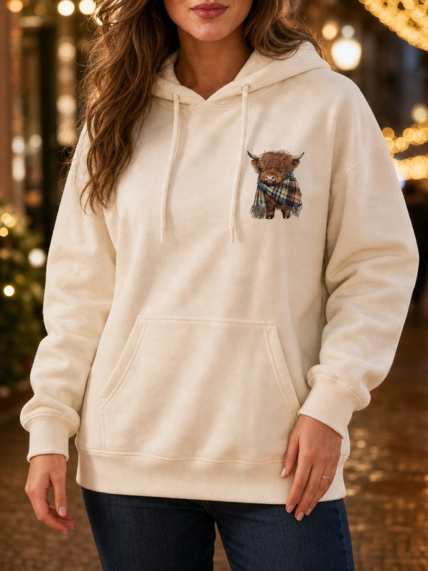 Highland Cow Print Fleece-Lined Hoodie
