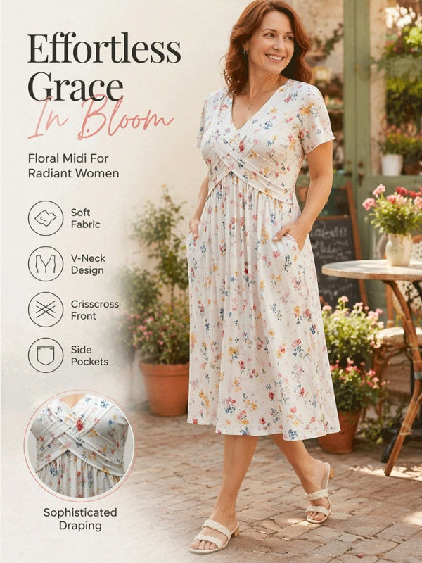 Women's V-Neck Floral Print Dress with Twist Waist