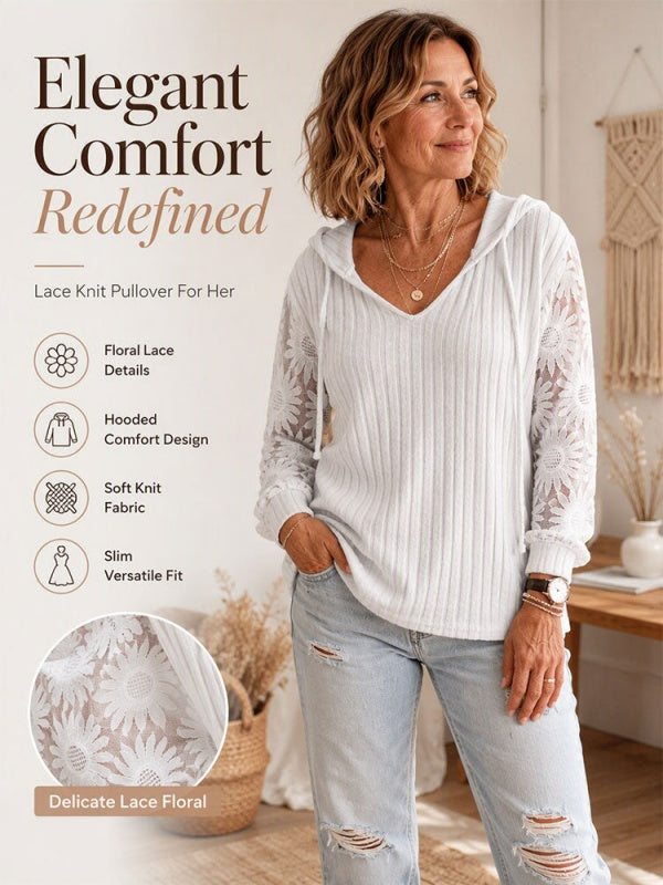 Solid Lace Spliced Hooded Knit Top