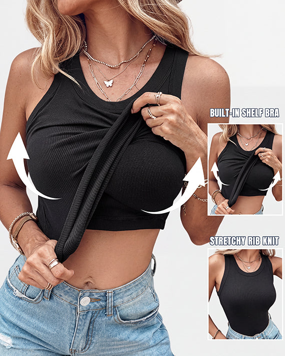 Tank Top with Bra – Ribbed Round Neck