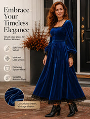 Square Neck Fitted Waist Velvet-Look Midi Dress