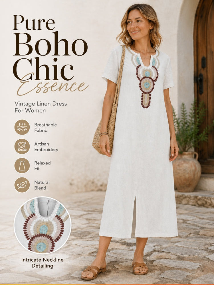 Boho Embroidered Cotton Linen Split Maxi Dress
