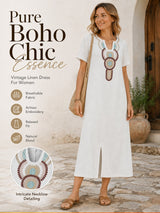 Boho Embroidered Cotton Linen Split Maxi Dress