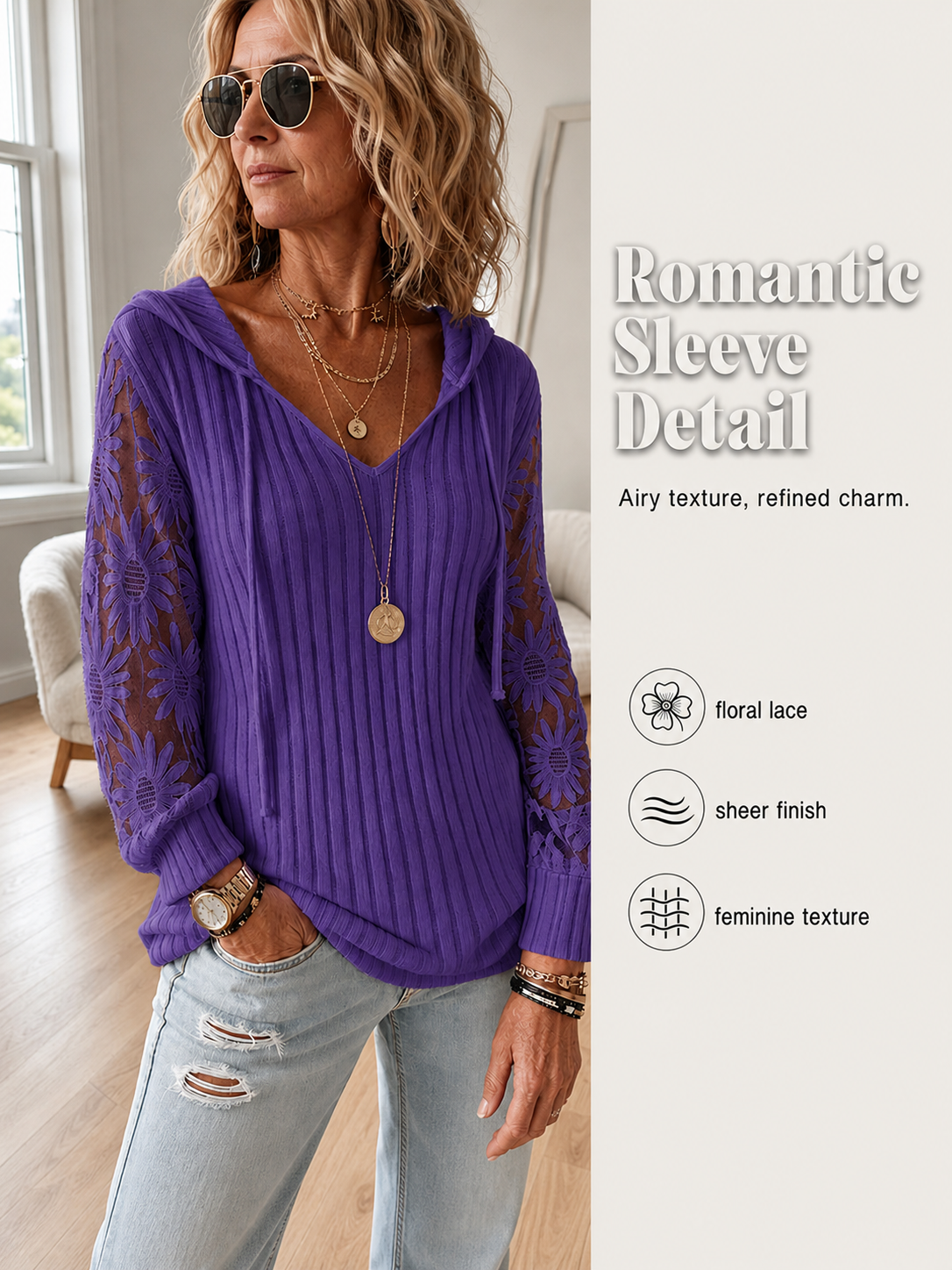 Solid Lace Spliced Hooded Knit Top