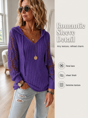 Solid Lace Spliced Hooded Knit Top
