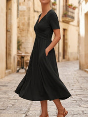 Crossover V-Neck Midi Dress with Pockets