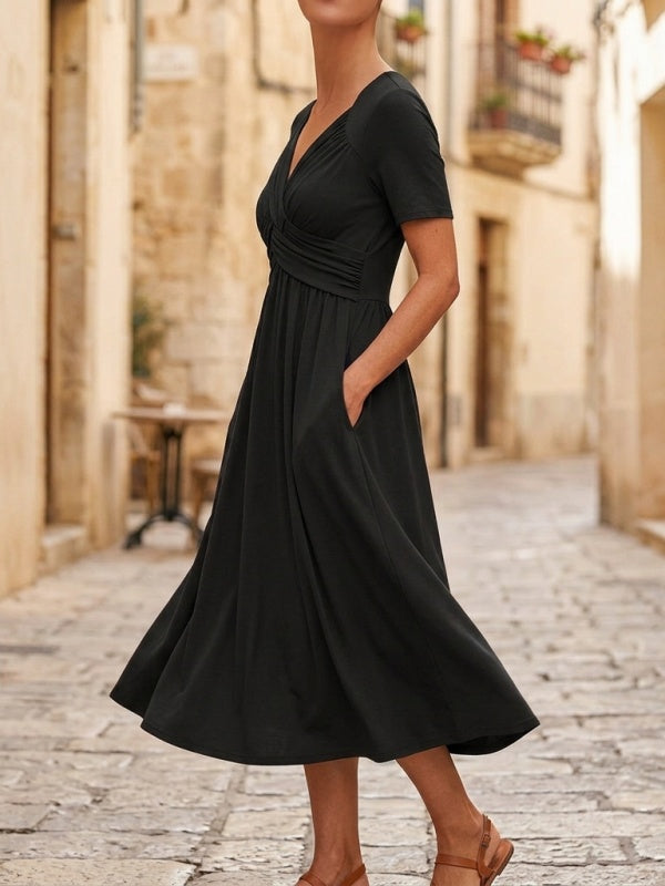 Crossover V-Neck Midi Dress with Pockets