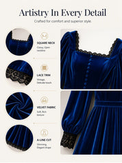 Square Neck Fitted Waist Velvet-Look Midi Dress