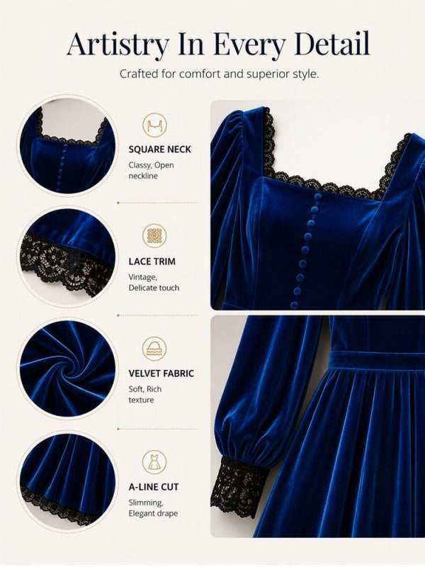 Square Neck Fitted Waist Velvet-Look Midi Dress