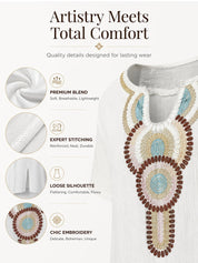 Boho Embroidered Cotton Linen Split Maxi Dress