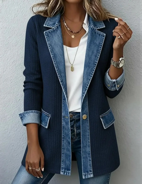 Ribbed Knit Jacket with Denim Trim
