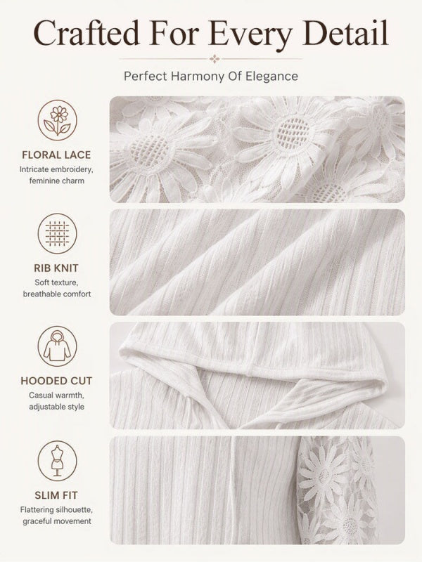 Solid Lace Spliced Hooded Knit Top