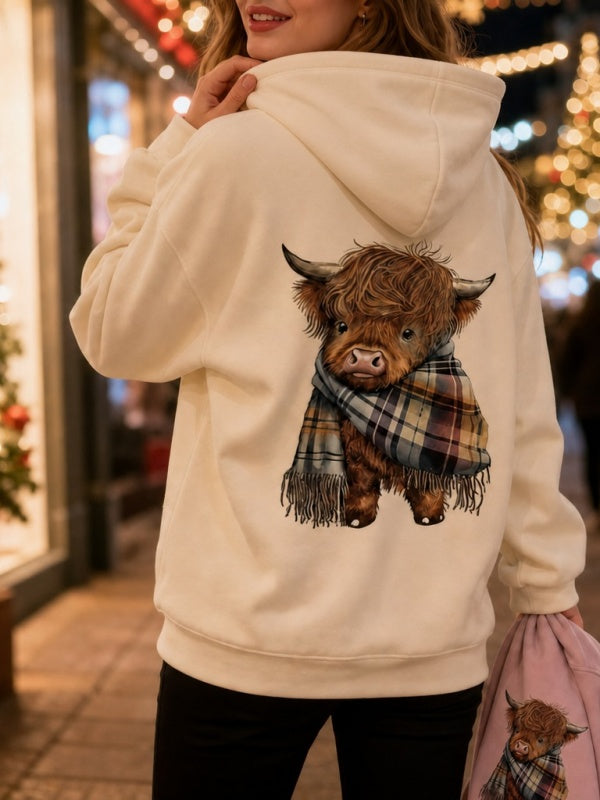 Highland Cow Print Fleece-Lined Hoodie