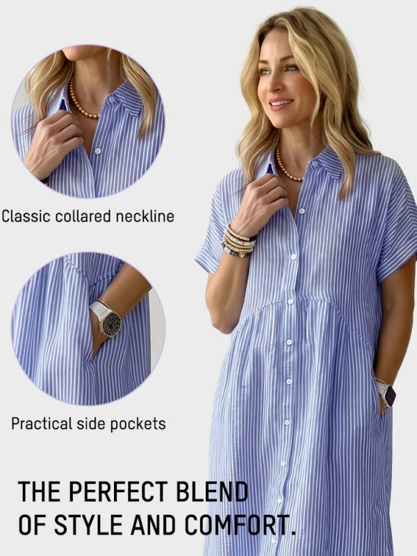 Striped Cotton Button-Front Midi Shirt Dress
