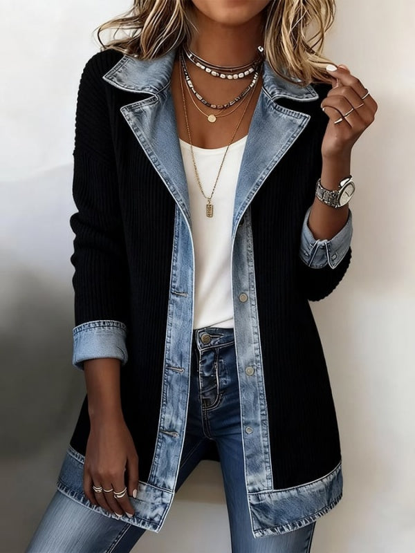 Ribbed Knit Jacket with Denim Trim