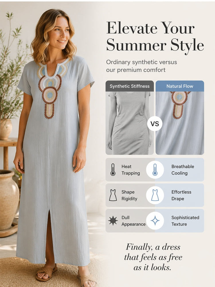 Boho Embroidered Cotton Linen Split Maxi Dress