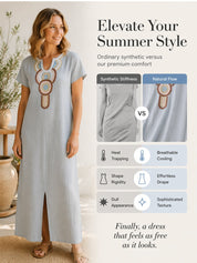 Boho Embroidered Cotton Linen Split Maxi Dress