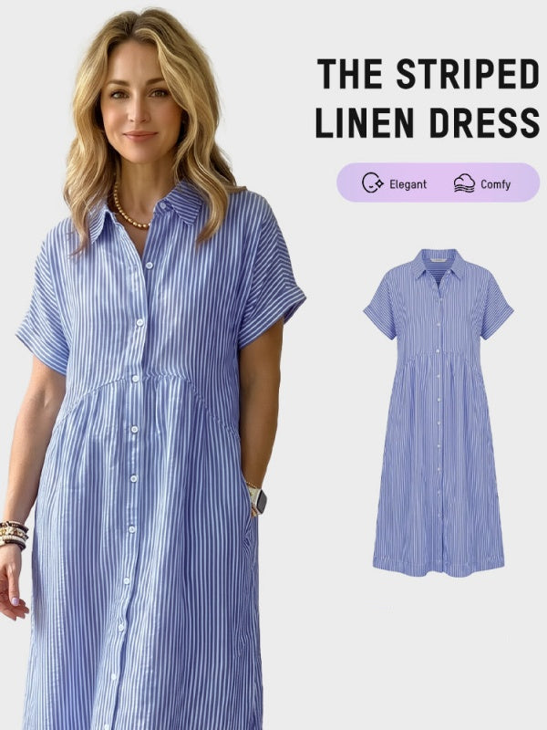 Striped Cotton Button-Front Midi Shirt Dress