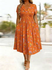 Women's V-Neck Floral Print Dress with Twist Waist