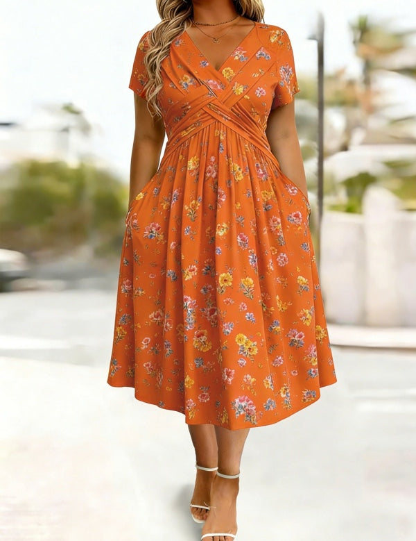Women's V-Neck Floral Print Dress with Twist Waist