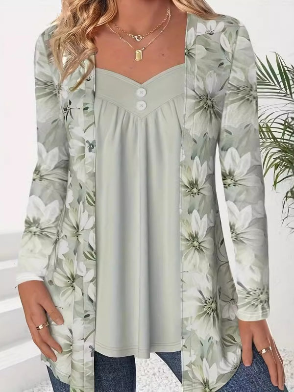Fake Two Piece Flower Print Patchwork Tops