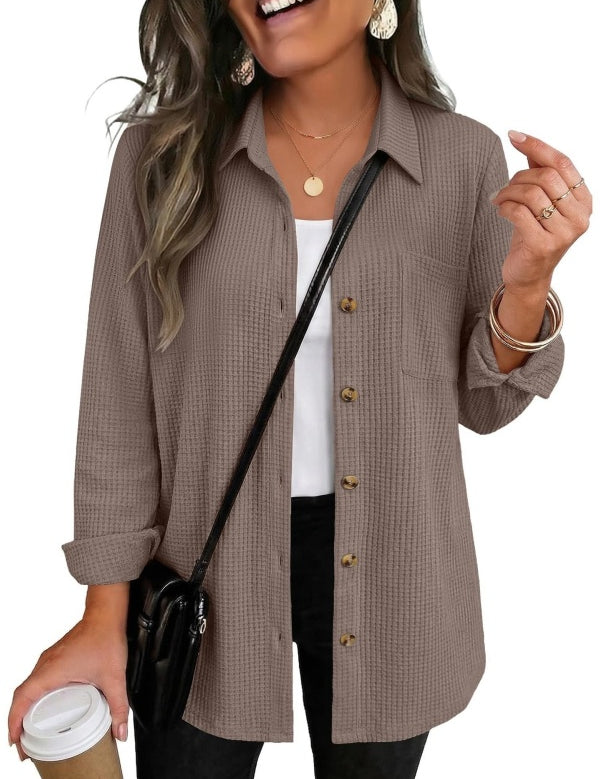 Waffle Knit Shacket Button Down Long Sleeve with Pocket