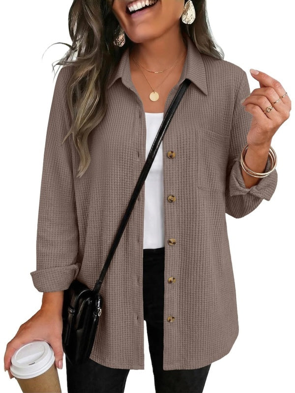 Waffle Knit Shacket Button Down Long Sleeve with Pocket