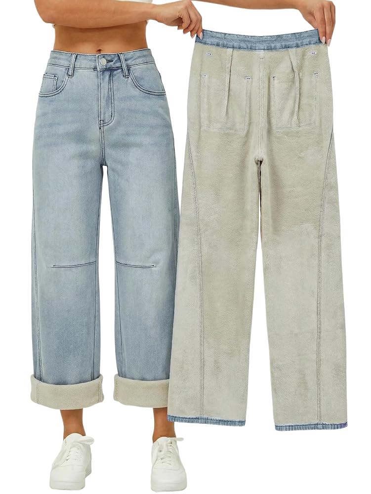 Straight Leg Boyfriend Jeans for Women, Mid-High Rise Loose Fit Denim Pants with Pocket
