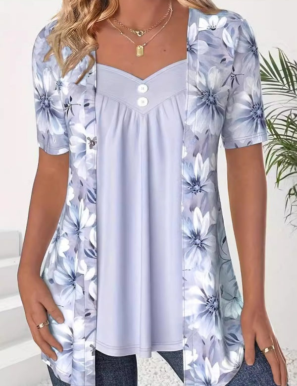 Fake Two Piece Flower Print Patchwork Tops