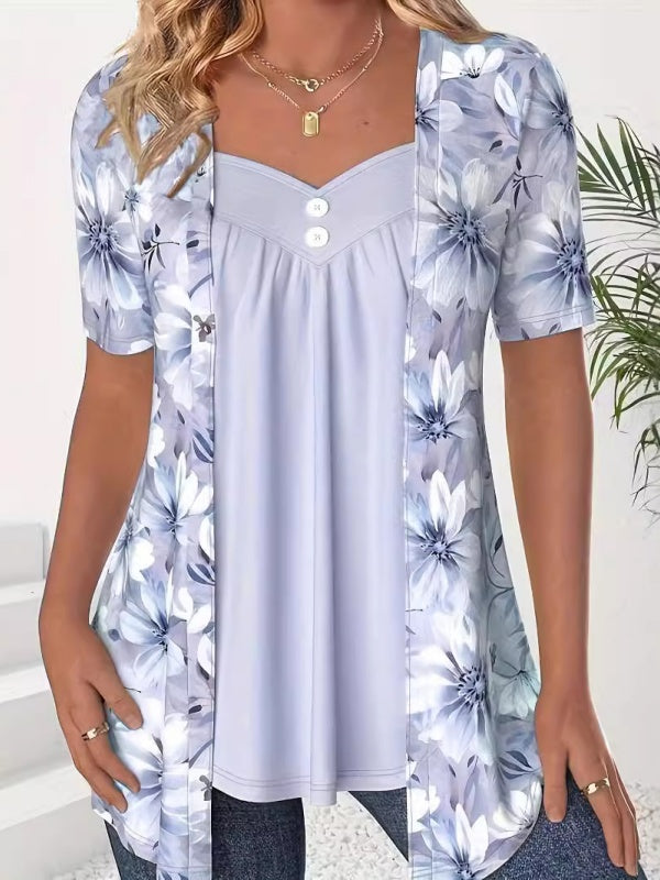 Fake Two Piece Flower Print Patchwork Tops