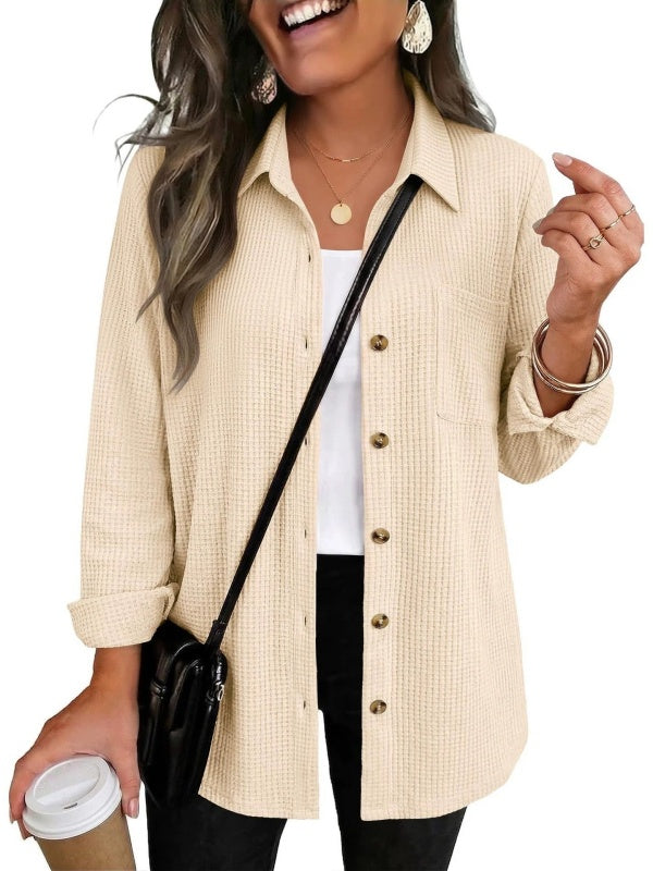 Waffle Knit Shacket Button Down Long Sleeve with Pocket
