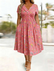 Women's V-Neck Floral Print Dress with Twist Waist