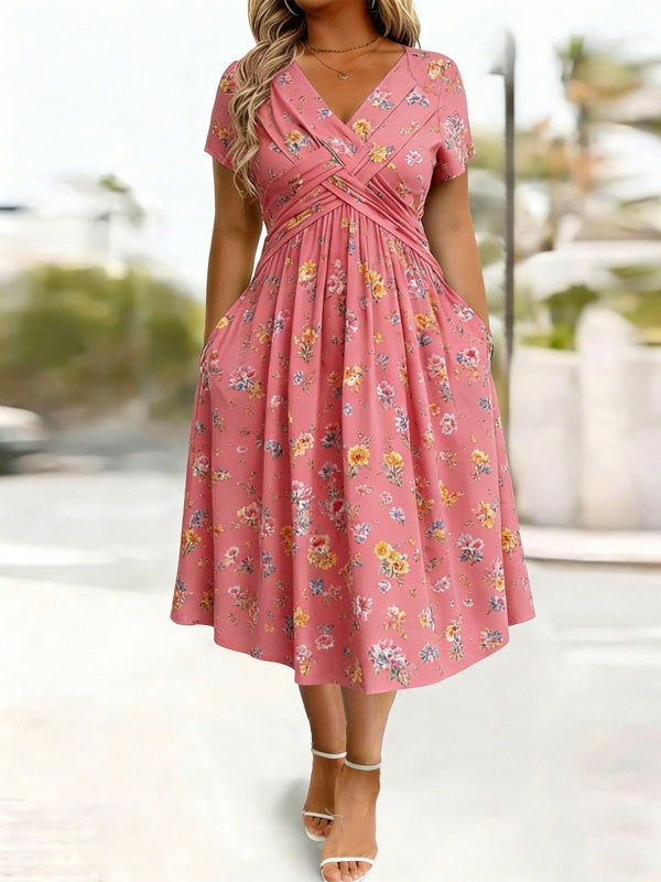 Women's V-Neck Floral Print Dress with Twist Waist