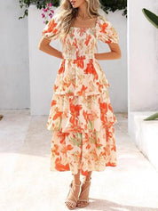 Floral Square-Neck Smocked Tiered Dress