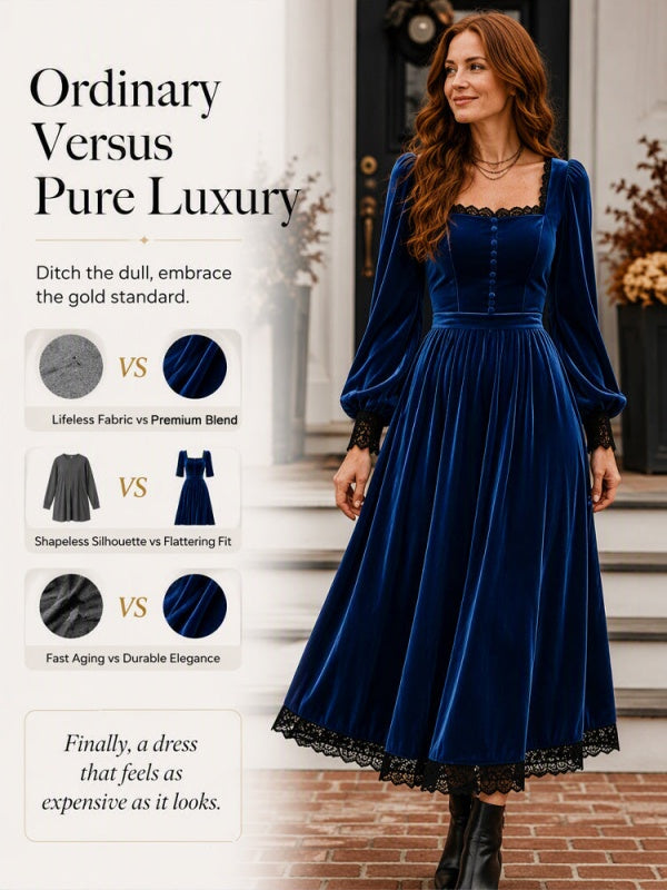 Square Neck Fitted Waist Velvet-Look Midi Dress
