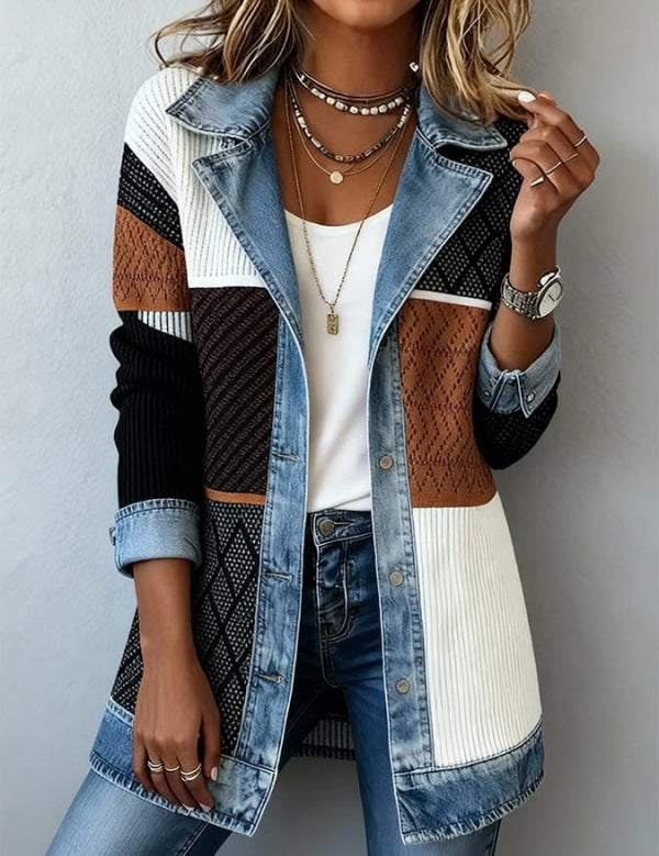 Ribbed Knit Jacket with Denim Trim