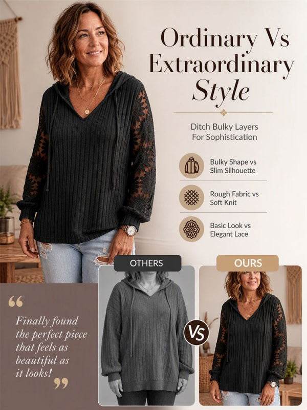 Solid Lace Spliced Hooded Knit Top
