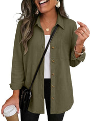 Waffle Knit Shacket Button Down Long Sleeve with Pocket