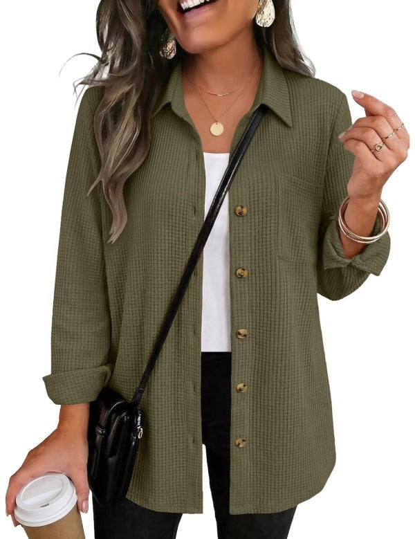 Waffle Knit Shacket Button Down Long Sleeve with Pocket
