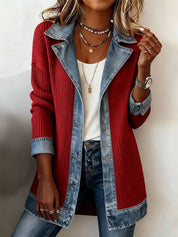 Ribbed Knit Jacket with Denim Trim