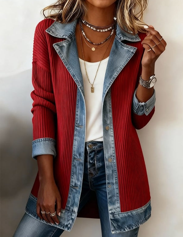 Ribbed Knit Jacket with Denim Trim