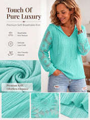 Solid Lace Spliced Hooded Knit Top